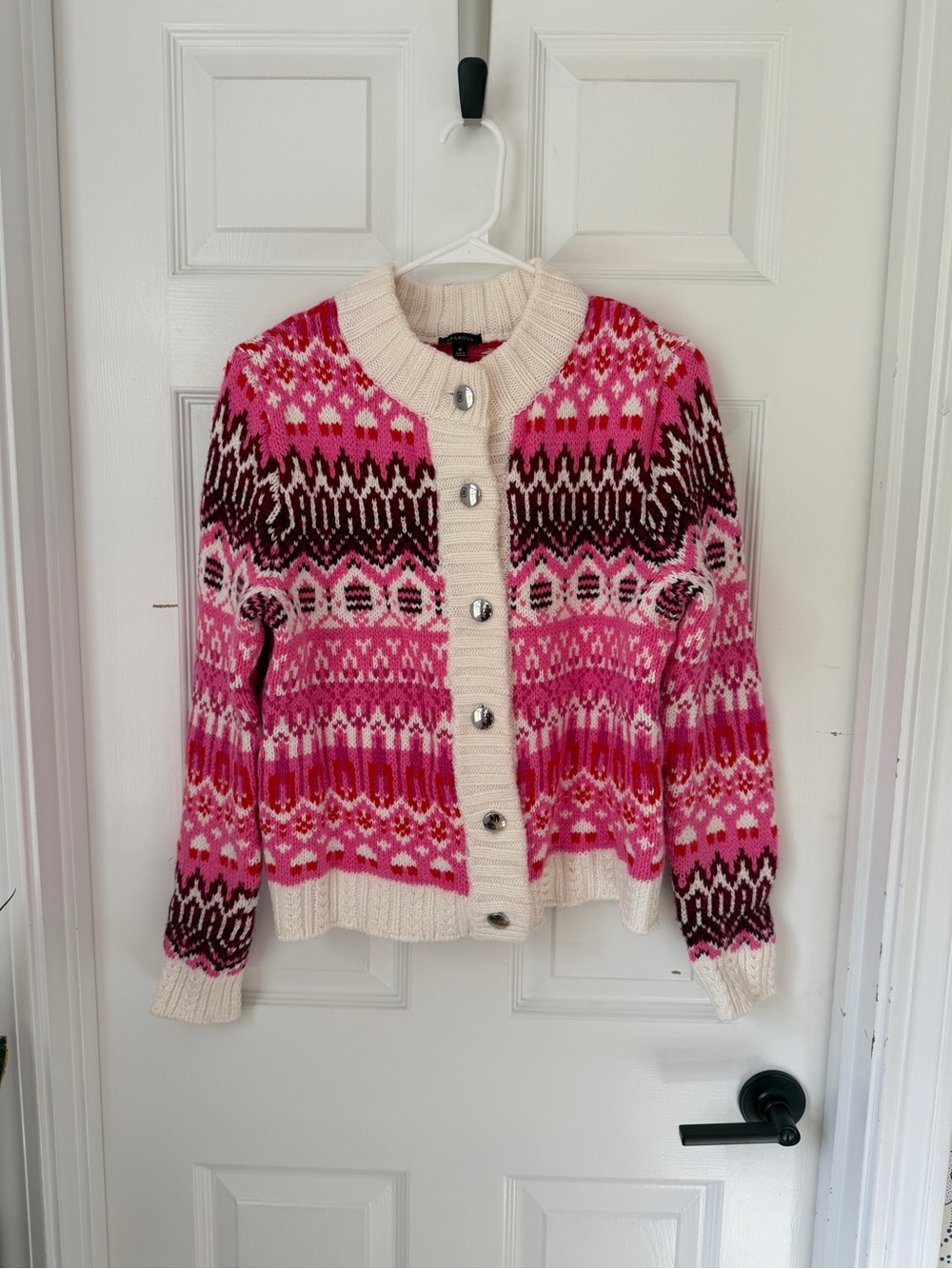 Talbot Women’s Pink Fair Isle Button‑Front Sweater Cardigan